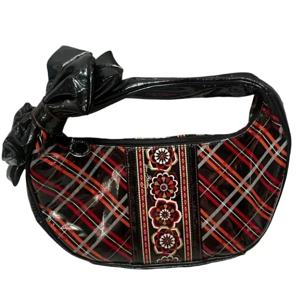 Vera Bradley Hobo‎ Bag Small Black Plaid Patent Glossy Oversized Bow Detail